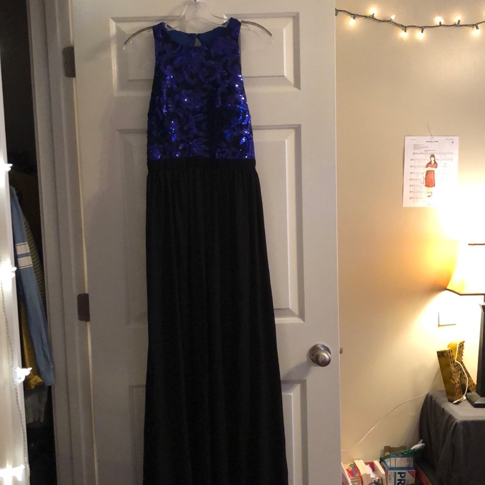 Floor length blue sequined dress